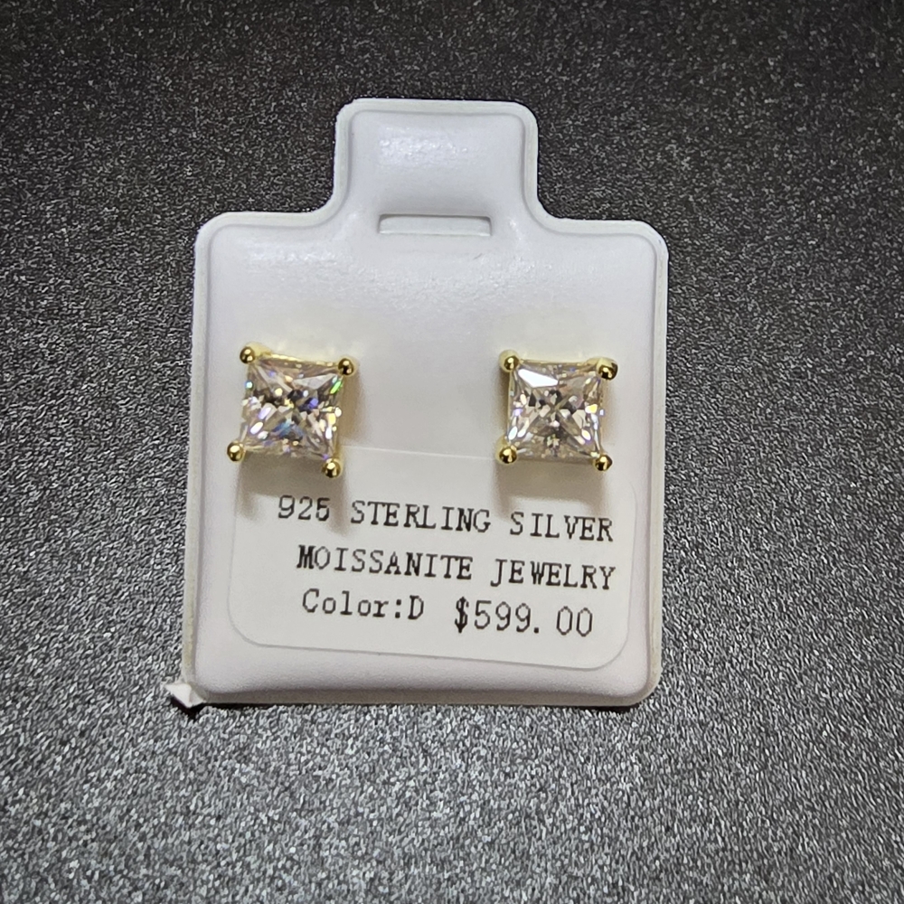 Moissanite Gold Over Sterling Silver 5.5 mm/1.6 Ct Princess Cut Stud Earrings